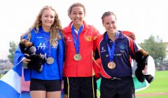 In Jersey in 2015, Shetland track athlete Emma Leask (left) took silver medal in the Women’s 400 metre race, with Catherine Reid from the Isle of Man (centre) taking the gold medal, and Mikaela Harrison (right) taking bronze. Photo: SIGA