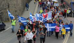 Communities United for Rural Education (CURE) marching against school closures back in June 2014. Photo: Shetland News.