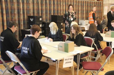 Counting of the 2017 SIC elections is underway in the function room at Clickimin Leisure Complex. Photo: Shetland News/Hans J. Marter.