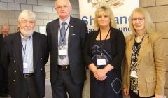 Amanda Westlake (second from right) alongside fellow Lerwick South councillors Peter Campbell, Cecil Smith and Beatrice Wishart following the election count at Clickimin earlier this month. Photo: Shetland News/Hans J. Marter.