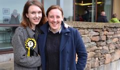 The SNP's Northern Isles candidate Miriam Brett and Mhairi Black, a high-profile party figure who became the UK's youngest MP since 1832 two years ago, pictured outside the Shetland Museum and Archives before Tuesday night's Q&A sessions. Photo: Shetland News/Neil Riddell