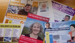 Some of the election pamphlets distributed to the 33,000 strong electorate of Orkney and Shetland . Photo: Shetland News