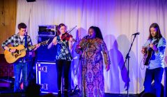 Dynamic frontwoman and vocalist Yola Carter and her trio, joined by classy local fiddler Kirsten Hendry, at the Lerwick Legion on Friday night. Photo: Steven Johnson.