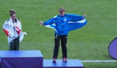 Faye Cox on the podium after winning bronze in the 200m women’s final. Photo: Maurice Staples