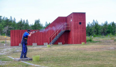 Darren Leslie at the Hejdby clay shooting range earlier on Wednesday in the team skeet competition. Photo: Shetland Island Games Association