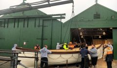 Members of Shetland's weight training club helped move the restored Oceanic lifeboat - Photos: Shetland Amenity Trust