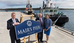 Mair's Pier was officially opened by Shetland MSP Tavish Scott (left), pictured with soon-to-retire LPA chairman Brian Anderson and the authority's chief executive Sandra Laurenson. Photo: John Coutts.