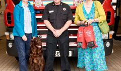 Pheona Horne, Loki the dog, Lerwick station manager Graham Reid and Tricia Brown. Photo: Chris Brown.