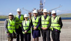 Celebrating the opening of Dales Voe decommissioning hub are (left to right): LPA chief executive Sandra Laurenson, harbourmaster Calum Grains, head of energy and low carbon at HIE, Audrey MacIver; chief executive of Oil & Gas UK, Deirdre Michie; acting head of decommissioning at the Oil and Gas Authority, Gunther Newcombe and LPA chairman Ronnie Gair. Photos: Hans J Marter/Shetland News