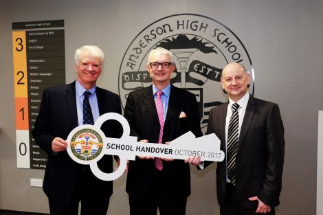 (L-R) Morrison Construction project director Mark Clarke, SIC chief executive Mark Boden and Phil McVey of Hub North Scotland. Photo: SIC
