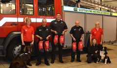 Accepting the final set of resuscitation masks from Pheona Horne (left) and Tricia Brown (right) are (from left to right) SFRS local group manager Myles Murray, SFRS local senior officer Western Isles, Orkney and Shetland Fraser Burr, watch manager Andrew Hunter and Sophi Chapman.