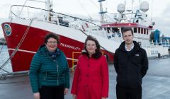 Lerwick Port Authority's chief executive Sandra Laurenson (centre) with Rachel Hunter and Andrew Gear at Mair's Pier. Photo: Ben Mullay for HIE