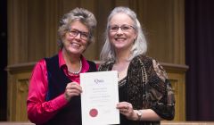 Clare Stiles (right) accepting her award from guest attendee Prue Leith, who is a judge on the Great British Bake Off. Photo: Lesley Martin Photography/QNIS