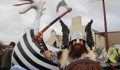 Scalloway guizer jarl Ragnar Sutrike Lothbrok aka Leslie Setrice enjoying his big day. Photo: Hans J Marter/Shetland News