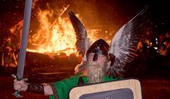 Bressay guizer jarl Hrollaug Rognvaldsson enjoying every moment of it. Photo: Chris Brown
