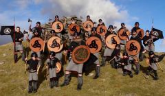 The jarl squad line up for a photo at Burravoe. Photo: Garry Sandison