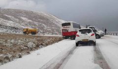 Beverley Lamming took this photo of a school bus after its rear end came off the road while coming out of Scalloway.