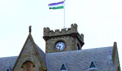 Lerwick Town Hall flying the #suffragette100 flag on Thursday to demonstrate Shetland Islands Council's support of International Women's Day. Photo: SIC