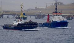 The Multratug 30 (left) alongside the Shalder on Friday morning. Photo: John Bateson