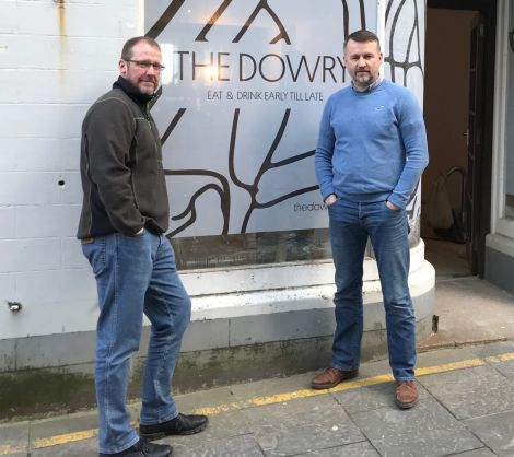 Erik Burgess and Stuart Fox outside their new cafe and shop The Dowry, which is set to open in the coming weeks. Photo: Shetland News