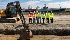 Inspecting on-site progress (Left to right): Andy Sandison and Paul Nicol, Arch Henderson; George Smith and Kenny White, Tulloch Developments; with Lerwick Port Authority chief executive Sandra Laurenson, superintendent Patrick Johnson and Stuart Wadley (HSEQ manager). Photo: John Coutts
