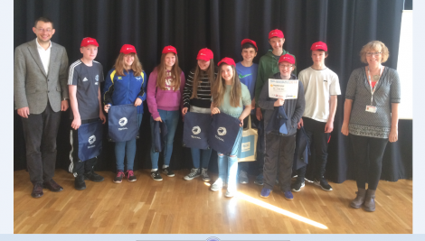 The winning pupils from Mid Yell Junior School receive their prizes from Thomas Chaurin, education attaché of the French embassy in the UK, and Jenny Wink, Shetland Gas Plant facilities management co-ordinator.