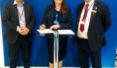 Signing the memorandum of Understanding are (left to right): Scott Hammond, Shetland Space Centre; Maggie Sandison, Shetland Islands Council and Patrick Wood, Lockheed Martin.