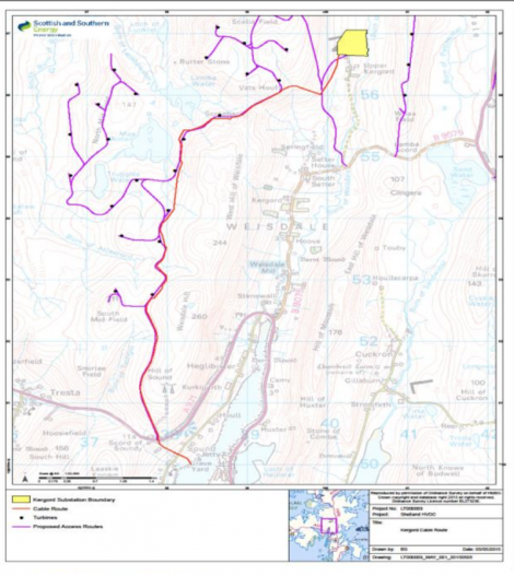 The proposed inter-connector's route from Kergord to Weisdale Voe. Image: SSEN