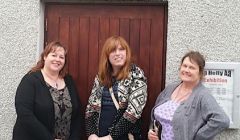 Campaigners Karrol Scott, Zara Pennington and Debra Nicolson at the Lerwick Up helly Aa galley shed on Saturday.