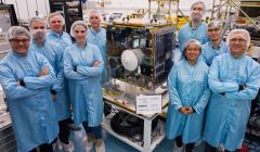 Brian Stewart (back right) with his Surrey Space Centre colleagues with the project's main satellite.