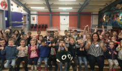 Group photo of Whalsay primary 1-3 pupils at the NSPCC Speak Out Stay Safe assembly.