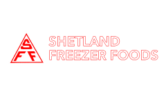 Logo of Shetland Freezer Foods in red, featuring a triangular symbol with the letters S, F, and F inside.