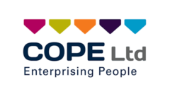 Logo for COPE Ltd with the tagline "Enterprising People" beneath. There are five colored triangles above the text: pink, green, orange, purple, and blue.