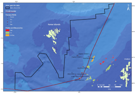 Map showing the Faroe Islands, surrounded by the Faroe-Shetland Basin. It indicates the FO-UK border, fields and discoveries, Faroese wells, and areas open for bids.