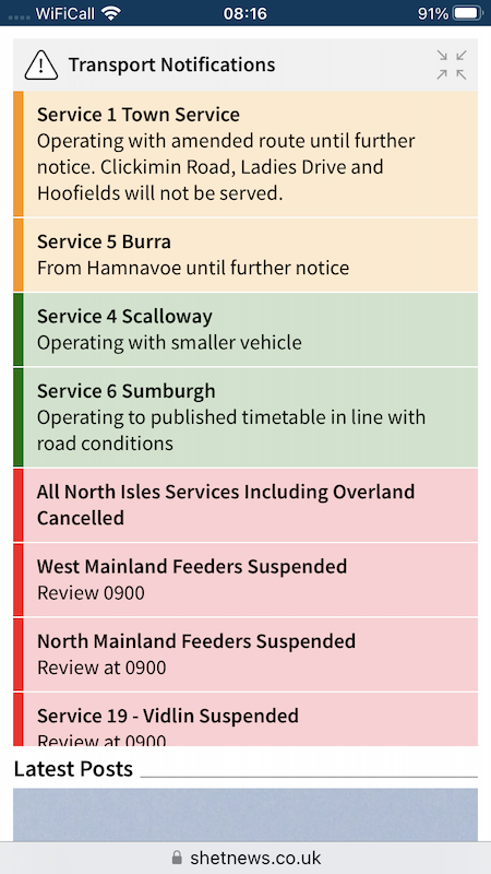 Screenshot of transport notifications. Various services are operating with amendments or are suspended, including Service 1 Town Service, Service 4 Scalloway, and all North Isles Services.