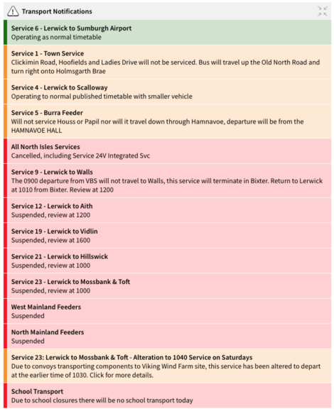 A transport notification poster detailing various service changes, cancellations, suspensions, and updates for bus routes, with specific times and destinations mentioned.
