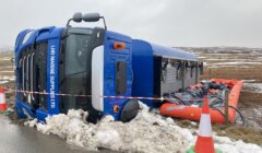 A blue truck labeled "LHD Marine Supplies Ltd." lies overturned on a snow-covered roadside next to several orange cones and a red barrier tape.