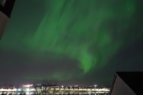 A night sky illuminated by green aurora borealis, with a cityscape and houses visible below.