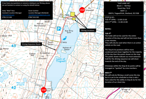 A detailed map highlighting the filming locations, stop and go points, and driving sequence routes in Shetland. The map includes contact information, schedule details, and specific instructions for drivers.