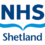 The image shows the logo for NHS Shetland, featuring "NHS" in large blue letters above blue curved lines and the word "Shetland" in smaller letters below.
