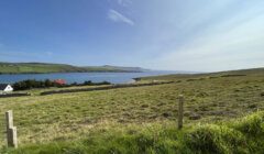 Sweeping view of a lush, green coastal landscape with a body of water in the distance under a clear blue sky.