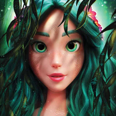 A digitally drawn character with large green eyes, turquoise hair, and floral accessories, surrounded by leaves in a forest setting.