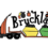 Illustration of a truck carrying two skips filled with various items, with the text "Bruckland" above. Decorated with images of tools, a suitcase, and a wheelbarrow around the text.