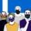 Four illustrated individuals wearing masks with the hashtag "#metoo" against a blue and white striped background.