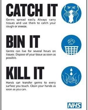 A poster with the words catch it bin it kill it.