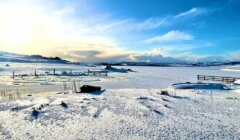 The sun is shining on a snow covered field.