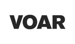 A black and white logo with the word voar.