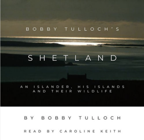 Audiobook cover for "bobby tulloch's shetland: an islander, his islands, and their wildlife" read by caroline keith, featuring a seascape at dusk.
