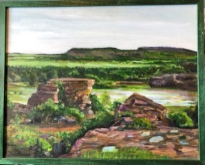 Landscape painting depicting green fields, rocky formations, and a river.