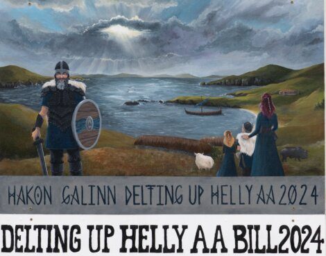 A painted scene depicting a viking-themed event, "hakon galinn setting up helly aa 2024," with participants in period costume against a coastal backdrop.